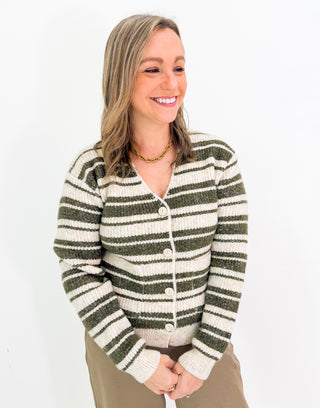 PREORDER Button Front Cardigan Sweater in Oatmeal Olive Stripe by Liverpool