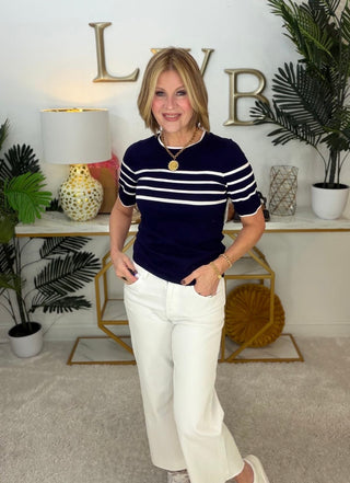Styled by Val: SS Crew Neck Sweater in Navy Blue/White Stripe