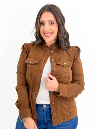 Puff Sleeve Trucker Jacket in Carob Brown by Liverpool