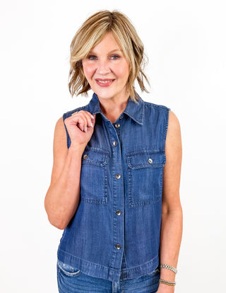 Slvless Button Front Top w/ Pockets in Serene Dark by Liverpool