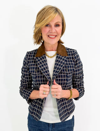 Cropped Blazer in Navy Multi Tartan by Liverpool