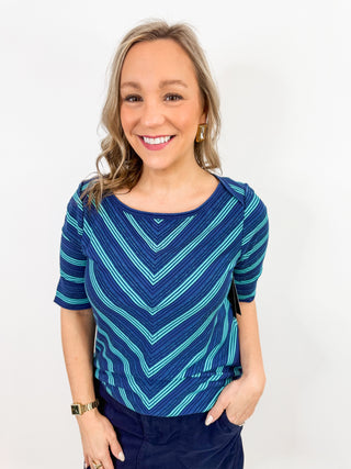 1/2 Slv Fold Over Top in Navy/Teal Multi Stripe by Liverpool