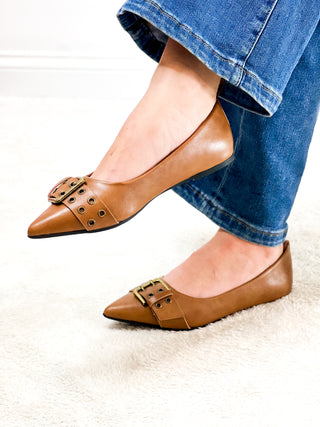 Buckle Up Pointed Flat in Camel
