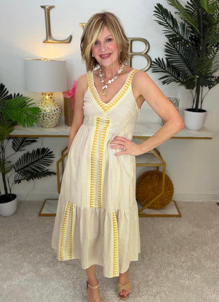 Styled by Val: Sleeveless Midi Dress in Cream/Brown Stripe