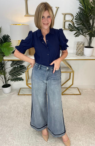 Styled by Val: Elbow Puff Sleeve Top in Navy Ink.