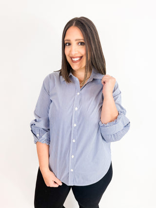 Adjustable Slv Button Top in Blue/White Mini Stripe by Liverpool