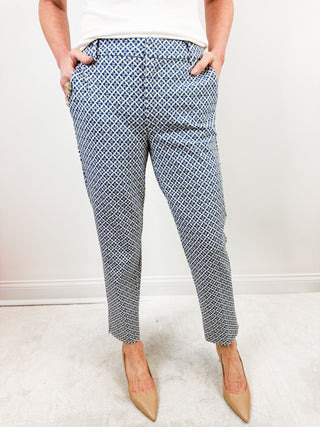 Kelsey Trouser w/ Slit in Blue/White Tile Print by Liverpool
