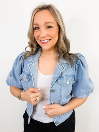 Puff Sleeve Cropped Jacket in Marine Sea by Liverpool