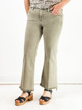 Hannah Crop Flare w/ Fray Hem in Mineral Laurel Olive by Liverpool