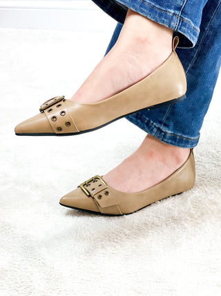 Buckle Up Pointed Flat in Taupe