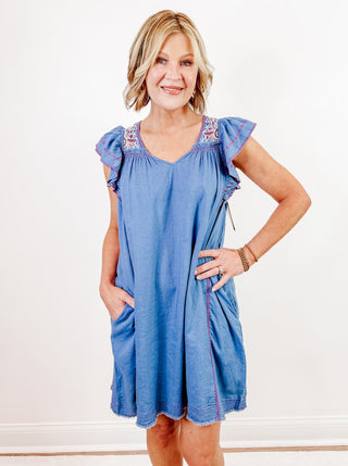Flutter Sleeve V-neck Woven Dress in Slate Blue by Liverpool