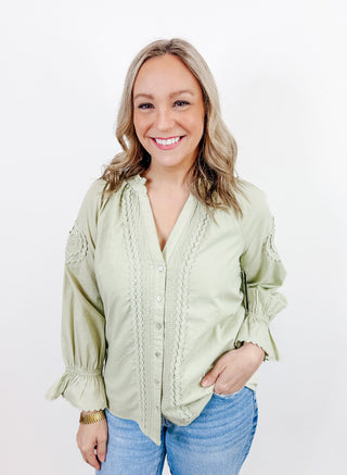 3/4 Sleeve Button Front Woven Top in Matcha by Liverpool