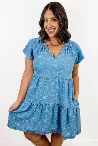 Tiered Flutter Sleeve Dress in Indigo Rose by Liverpool