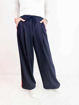 Wide Leg Pleated Trouser in Deep Midnight Stripe by Liverpool