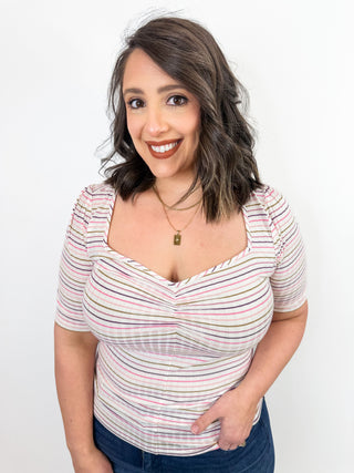 1/2 Slv Sweetheart Top in Cream Pink Multi Stripe by Liverpool