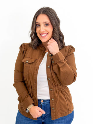 Puff Sleeve Trucker Jacket in Carob Brown by Liverpool
