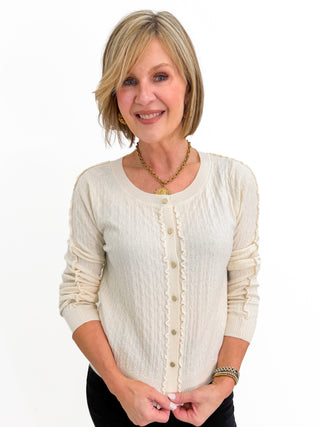 LS Button Front Cardigan Sweater w/ Ruffles in Cream by Liverpool