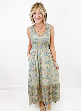 Slvless Smocked Waist Maxi Dress in Citron Multi by Liverpool