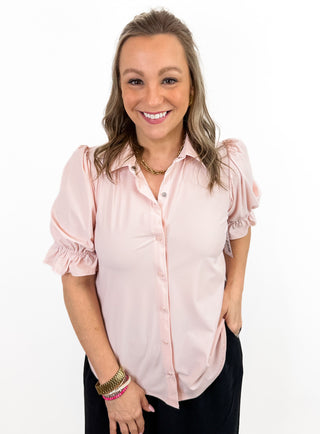 Elbow Puff Sleeve Snap Top in Light Pink by Liverpool