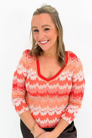 3/4 Sleeve V-Neck Sweater in Orange/Tan Chevron by Liverpool