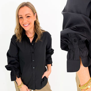 PREORDER Adjustable Slv Button Front Top in Black by Liverpool