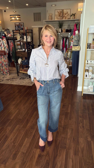 Styled by Val: Adjustable Slv Button Top in White/Club Navy Multi Stripe