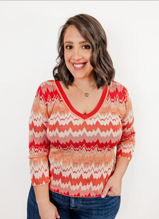 3/4 Sleeve V-Neck Sweater in Orange/Tan Chevron by Liverpool